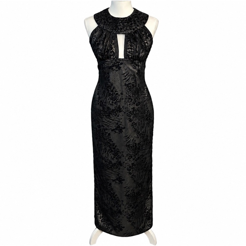 Handmade Black Velvet Flocked Animal Print Maxi Dress S Formal Evening Gown Goth